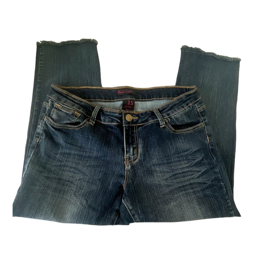 Black Crystal Jeans Sz 13 Women's Teen Raw Hem Stretch Faded Denim Blue